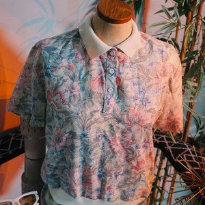 VINTAGE DAVID PEER POLO SHIRT , BEIG FLORAL ,SIZE L , (PREOWNED)